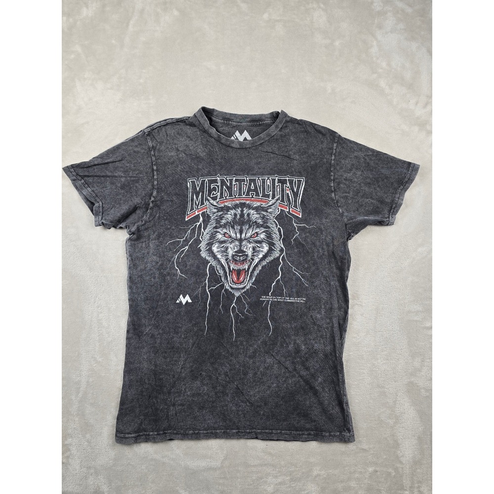 Mentality T-Shirt Mens M Fit S Black Wolf Graphic Acid Wash Short Sleeve Nature